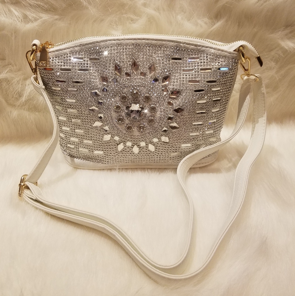 WHITE RHINESTONE COVERED UNIQUE CROSSBODY SLING